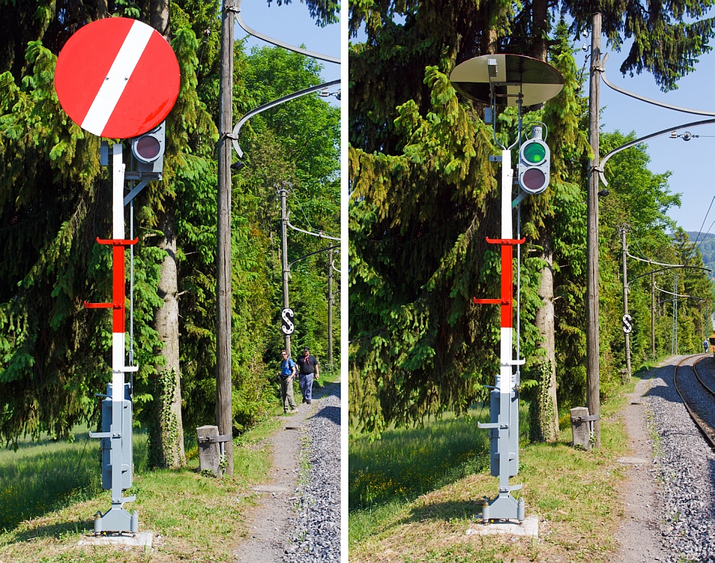 Ehemaliges Schweizer Hauptsignal (Scheibensignal), hier am 27.05.2012  der Museumsbahn Blonay-Chamby als Einfahrtsignal zum Museum Chaulin.

Auf dem linken Bild  zeigt es  Halt  und bei dem rechten Bild  Freie Fahrt 

Der Nachteil dieser Signale war, da� sie in der  Frei -Stellung schwer erkennbar waren und da� sie nicht  Frei mit Geschwindigkeitsbeschr�nkung  zeigen konnten.
