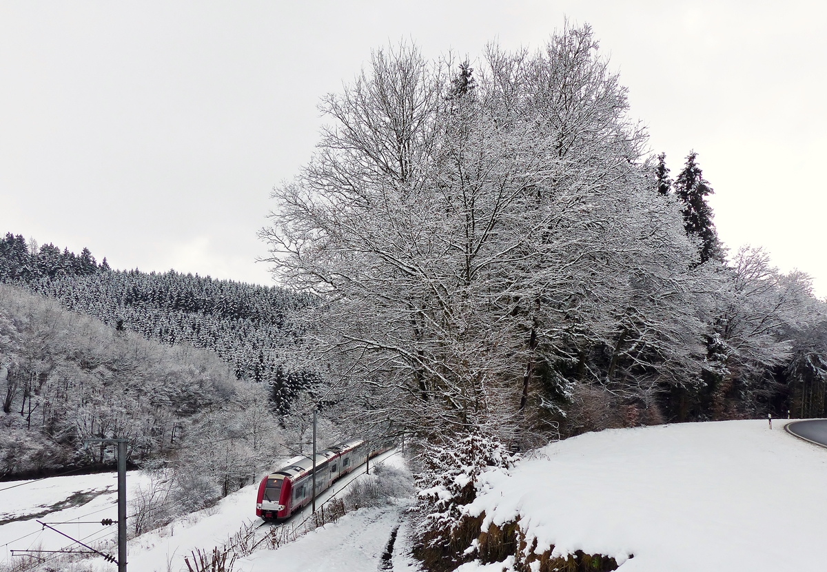 . Nicht Computermaus kompatibel - Die neue entdeckte Fotostelle an der Stra�e von Clervaux nach Maulusm�hle eignet sich nur bedingt f�r l�ngere Z�ge. Trotzdem habe ich mal versucht den RE 3712 Luxembourg - Troisvierges an dieser Stelle zu fotografieren. 02.02.2015 (Jeanny)
