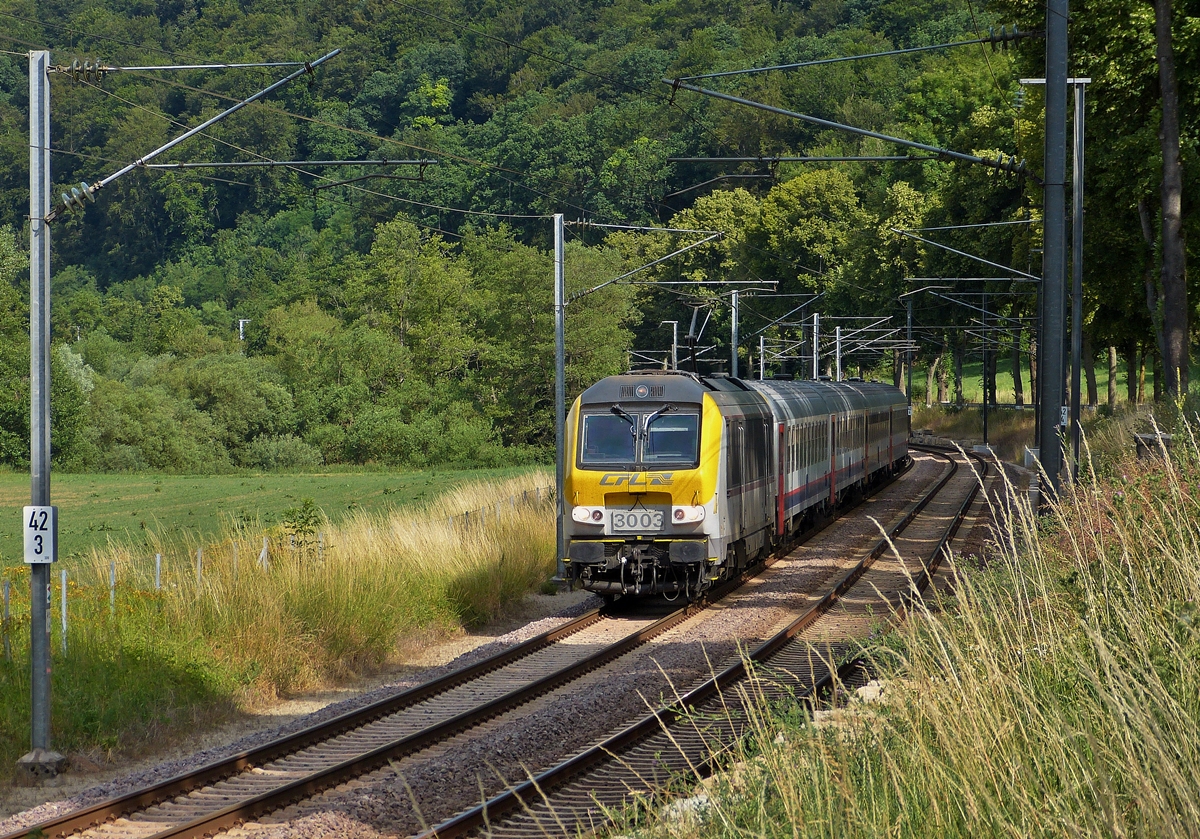 . Obwohl das Interesse an der luxemburgischen Einsenbahn nicht sehr hoch ist und die wirklich guten Fotostellen schon zu oft gezeigt wurden, so habe ich mich doch mal wieder hinrei�en lassen und den IC Liers – Luxembourg abgelichet. Auf dem kurvenreichen Abschnitt zwischen Colmar-Berg und Cruchten verdeckt leider das hohe Gras etwas die Sicht auf die Nordstrecke, als am 12.07.2015 die 3003 den IC 108 durch das beschauliche Tal der Alzette zog. (Hans)