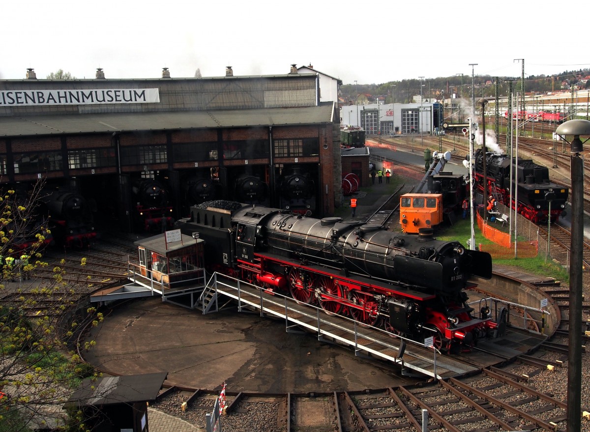 01 202 und f�nf weitere 01 im Bw Dresden Altstadt beim 7. Dresdner Dampfloktreffen am 17.04.2015. Die 01 202 ist in der Schweiz beheimatet und tr�gt daher die Bezeichnung A 3/6.