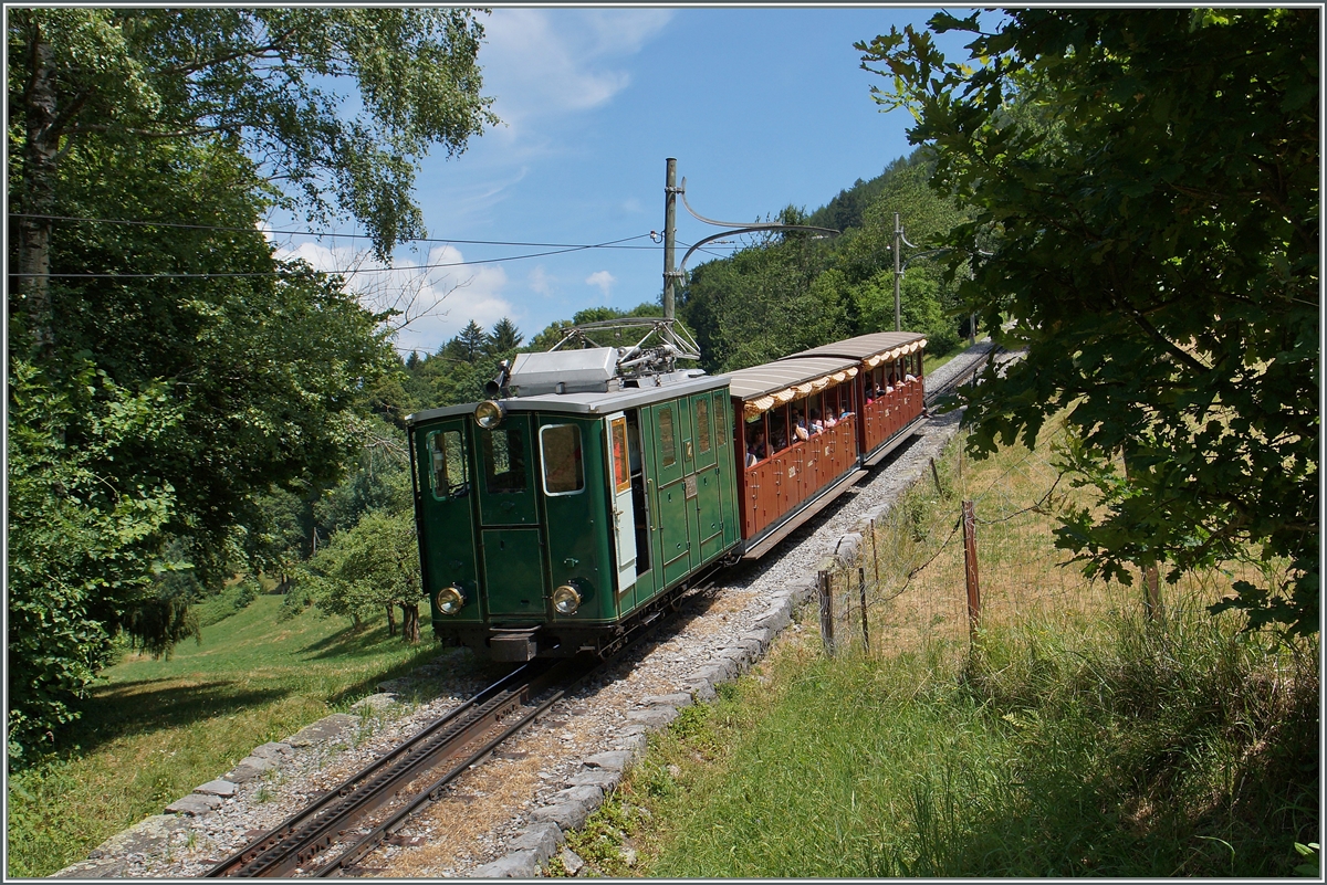 Abgeb�gelt f�hrt dieser SPB Zug talw�rts. 
etwas oberhalb von Wilderswil, 12. Juli 2015