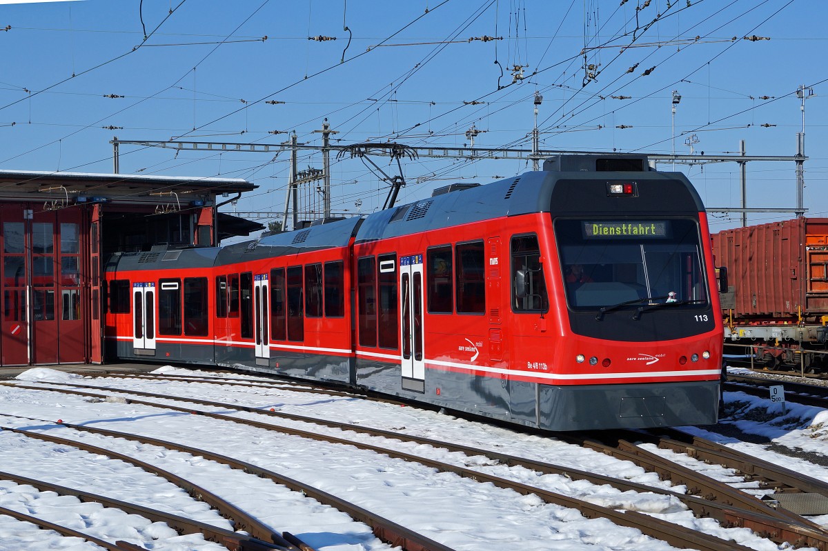 ASm: Be 4/8 113  STAR  auf Dienstfahrt beim ASm-Depot Langenthal am 11. Februar 2015.
Foto: Walter Ruetsch 
