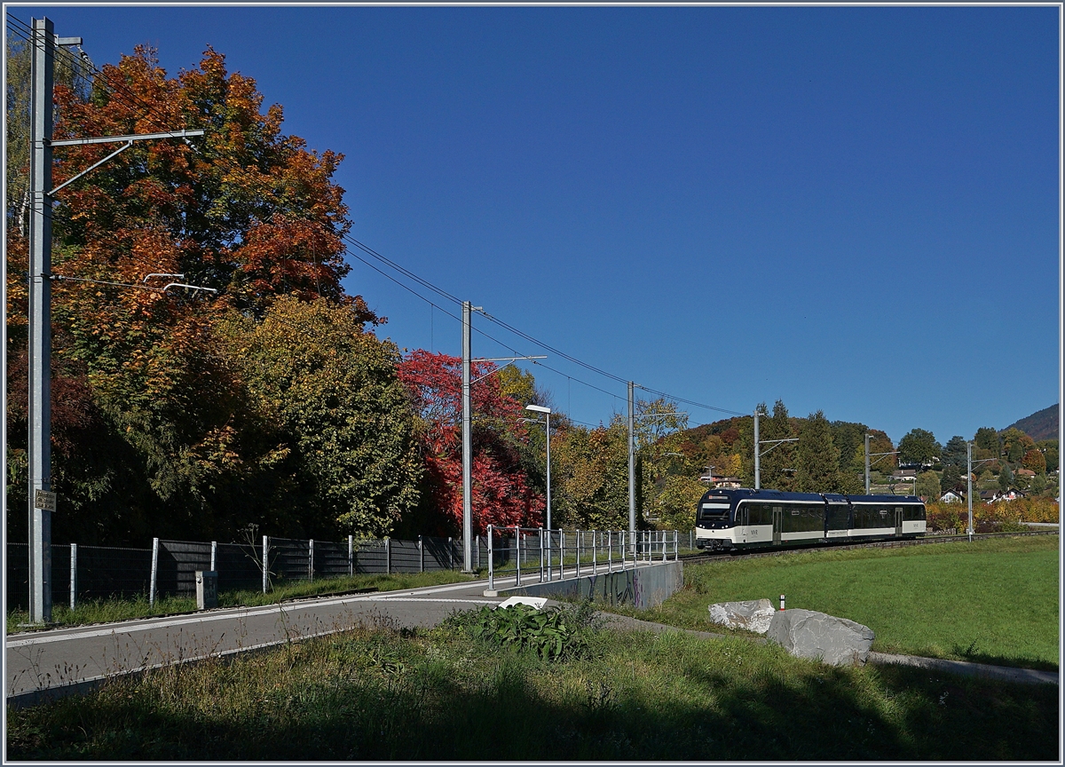 Bei herbstlicher Stimmung erreicht ein CEV MVR ABeh 2/6 von Blonay kommend den Halt Château d'Hauteville. 

18. Okt. 2019