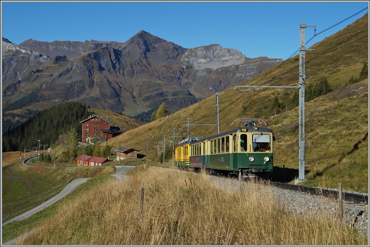 Bergw�rts schiebt der WAB BDeh 4/4 119 kurz nach der Wengeneralp. 
9. Okt. 2014