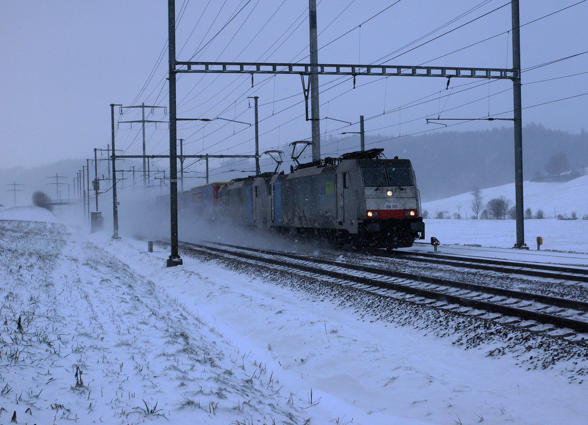 BLS: Güterzug mit Doppeltraktion der BR 186 bei der Durchfahrt Riedtwil am 17. Januar 2017. Als Spitzenlok eingereiht war die 186 105.
Foto: Walter Ruetsch 