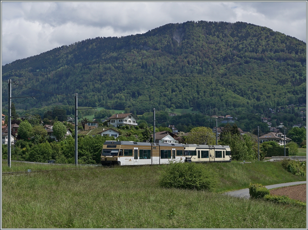 Das strake Fahrgastaufkommen veranlasste die CEV heute Pfingstmontag ihre Züge ausnahmsweise mit zwei GTW zu führen, hier ist der Regioalzug 1432 von Blonay nach Vevey zwischen St-Légier und Château d'Hauteville unterwegs.
16. Mai 2016