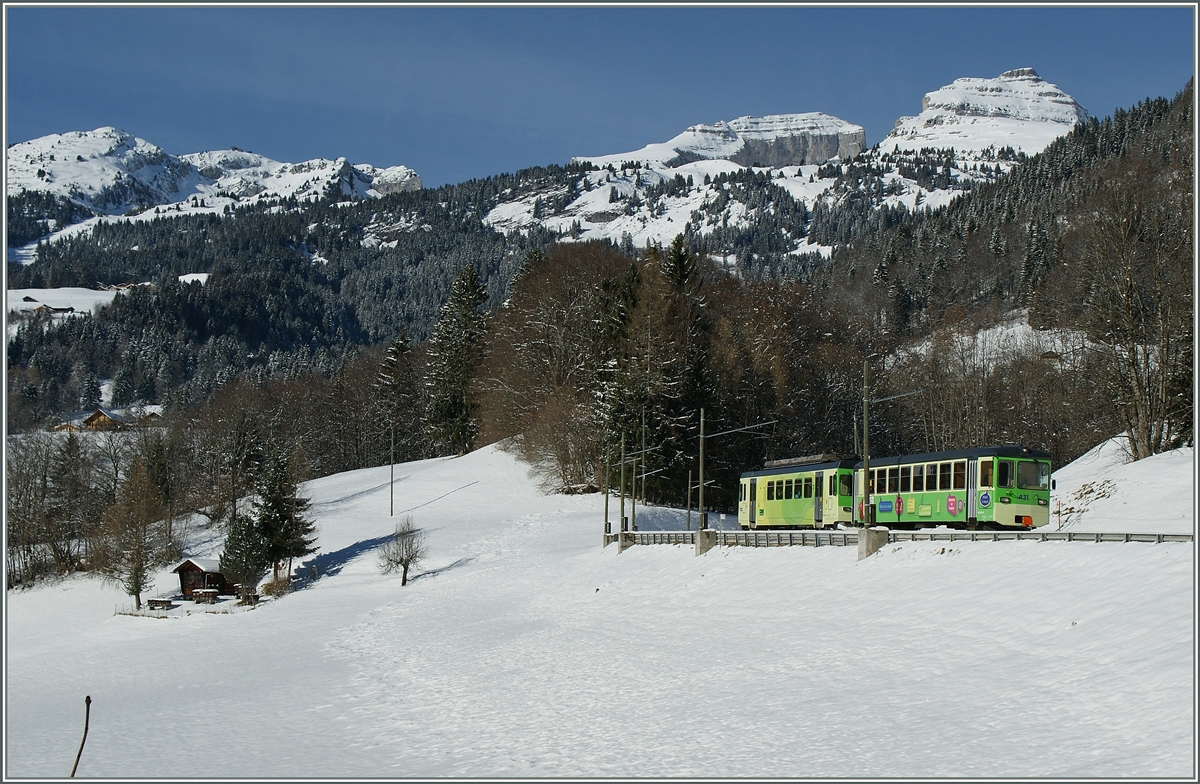 Der ASD Regionalzug 428 von Aigle nach Les Diablerts bei Le Sepey.
25. Jan 2014