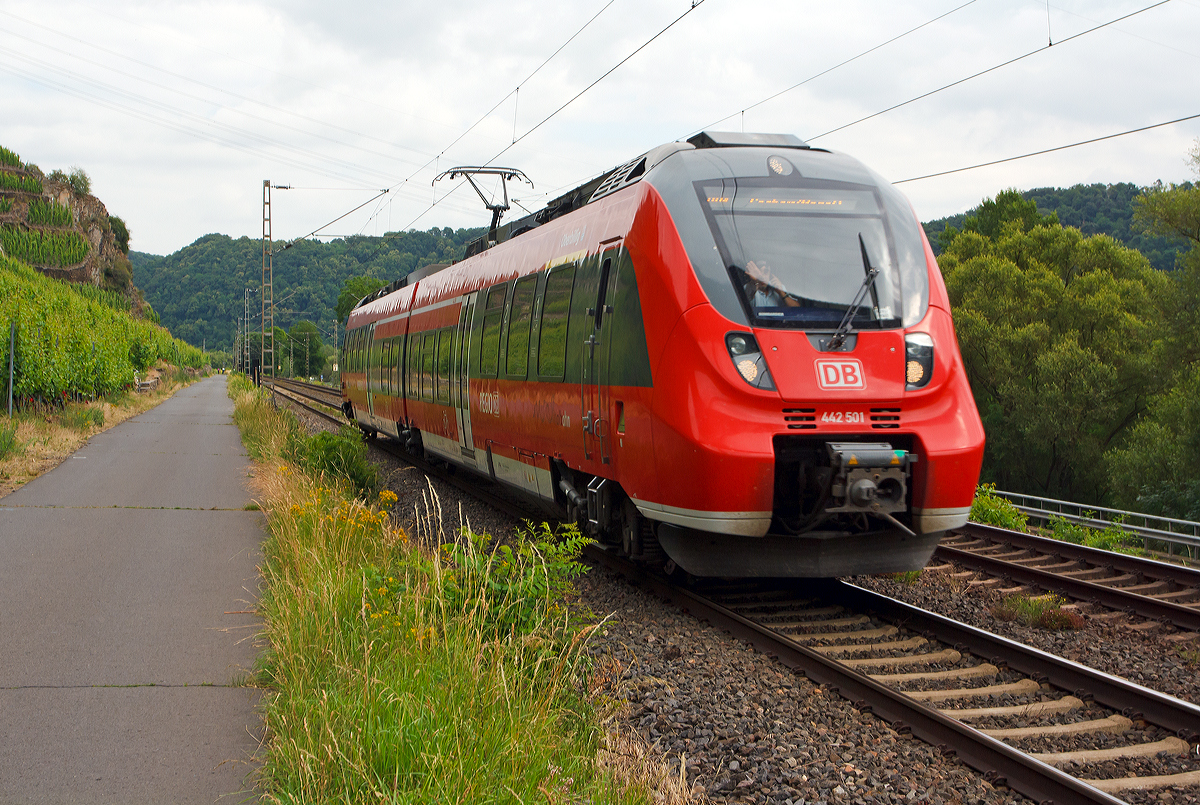 
Der  Baby-Hamster   442 501 / 442 001 (94 80 0442 501-3 D-DB / 94 80 0442 001-4 D-DB) ein kleiner zweiteiliger Bombardier Talent 2 der DB Regio mit dem Taufnamen  Oberbillig  fährt am 20.06.2014, als RB 81  Moseltal-Bahn  (Koblenz – Cochem – Wittlich – Trier),  Winningen (Mosel) in Richtung Trier. 

Der Triebzug wurde 2009 unter den Fabriknummern HEN 25297 und HEN 25296 bei Bombardier Transportation GmbH in Hennigsdorf gebaut, die Abnahme erfolgte jedoch erst am 16.01.2013. 

Dem freundlichen Lokführer einen lieben Gruß zurück.