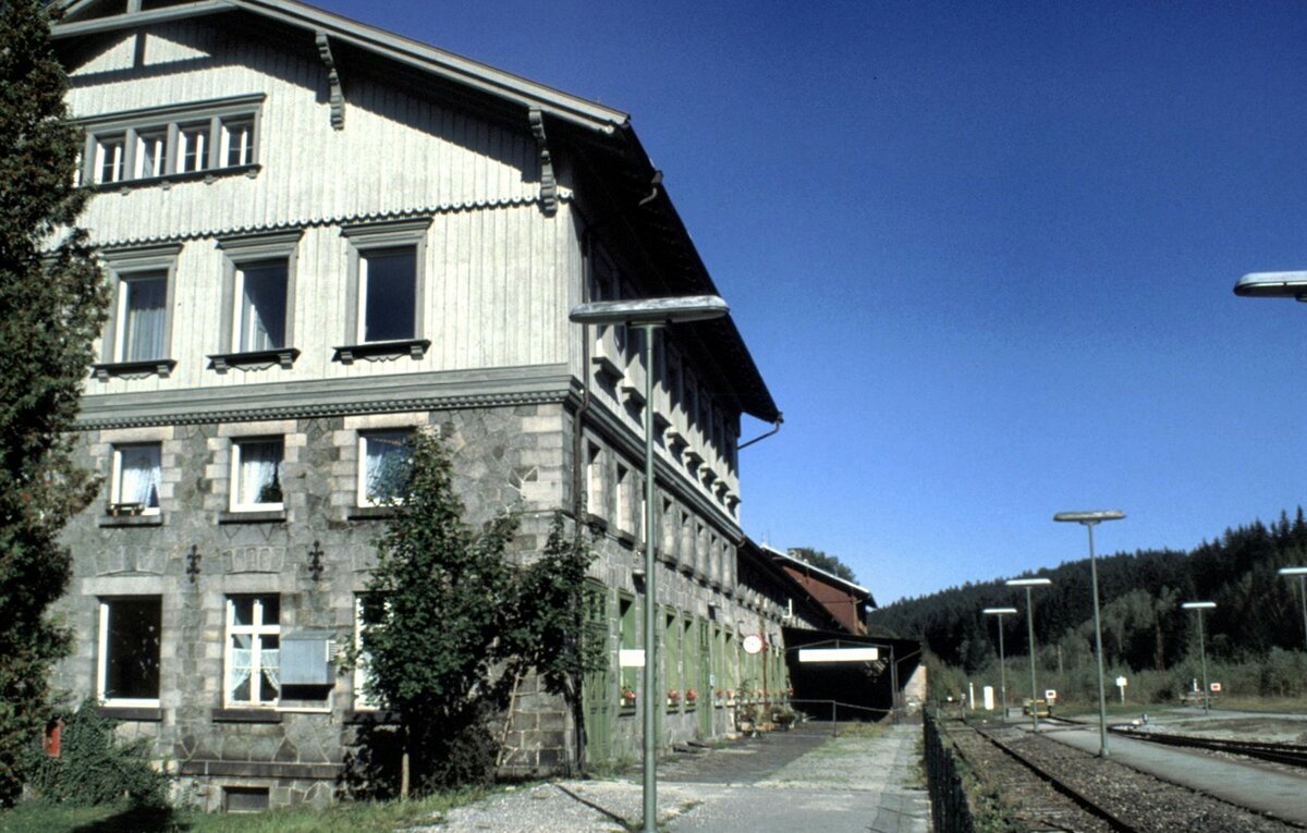 Der Bahnhof Bayerisch Eisenstein, auf tschechisch Železná Ruda-Alžbětín im Oktober 1989. Der vordere Gebäudeteil ist der deutsche Teil. Auf tschechischer Seite gab es im Oktober 1989 keinen Bahnverkehr, so dass die Gleise mit Bäumen (meist Birken) zugewachsen waren. Auf dem Foto sieht man eine Kette als Absperrung, die nur bei Eintreffen des Zuges unter Aufsicht des Bahnhofsvorstandes geöffnet wurde.