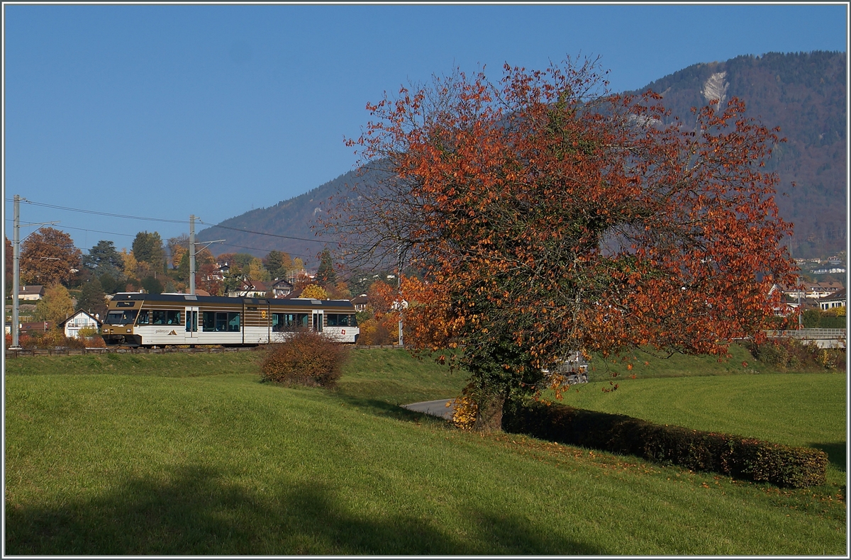 Der CEV GTW Be 2/6  Blonay  bei Château d'Hauteville am 2. Nov. 2015.
Druch die neuen SURF Züge werden die erst zwanzig jährigne Be 2/6 überflüssig und verkauft (an die asm und die MIB).

