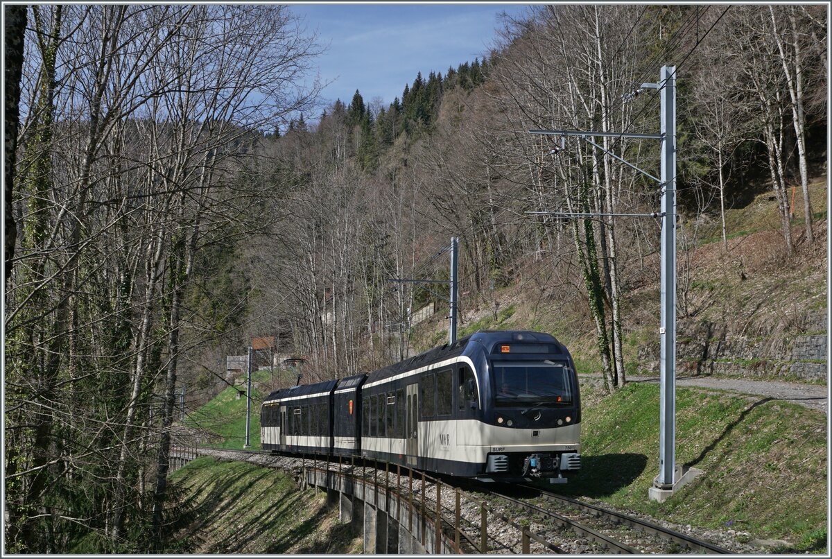 Der CEV MVR ABeh 2/6 7501 ist als Regionalzug R 34 2318 von Montreux nach Les Avants  zwischen Sendy-Sollard und Les Avant schon fast am Ziel seiner Fahrt.

22. März 2024