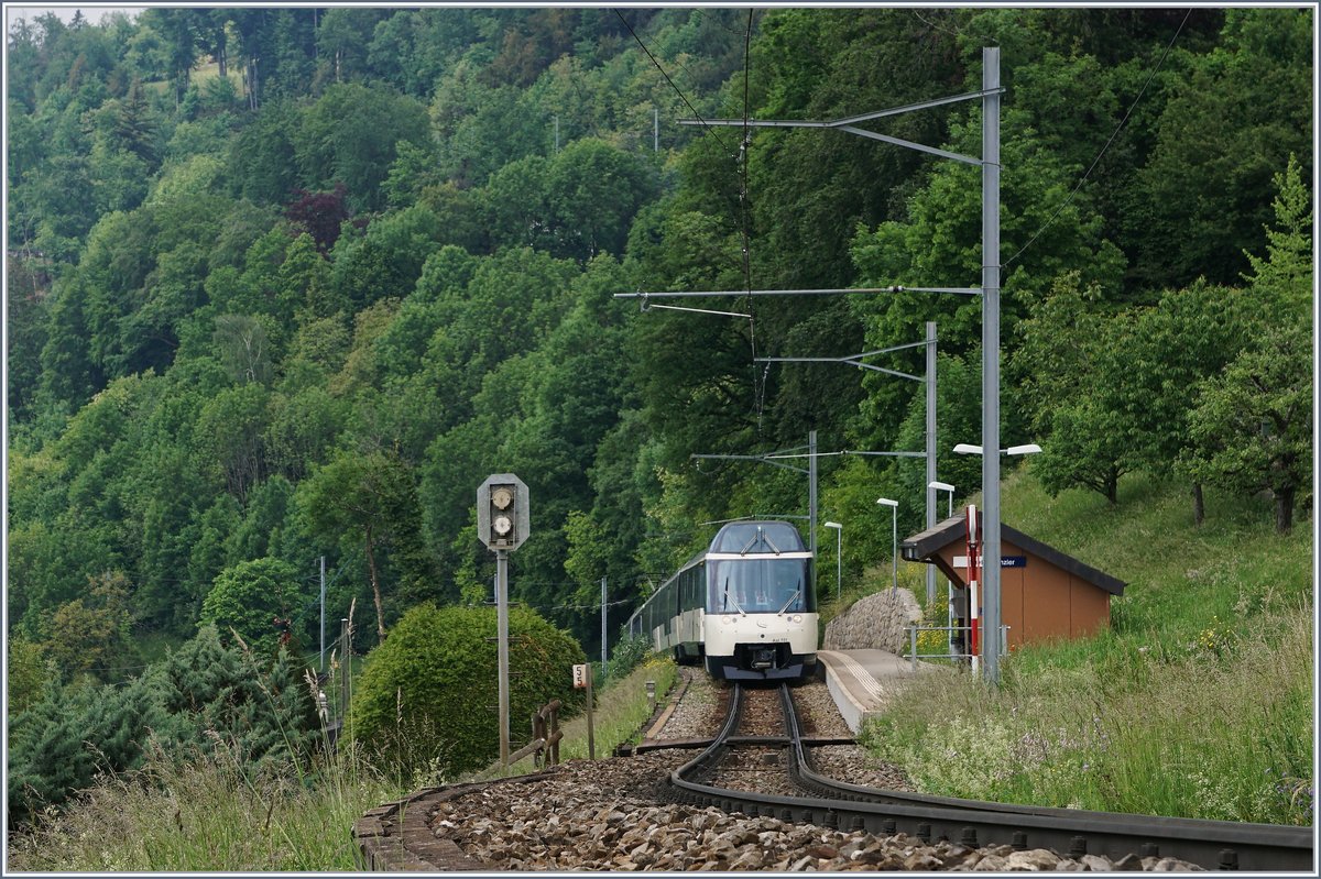 Der  neue  MOB GoldenPass Panoramic Express RE 2228 erreicht Sonzier, da der Zug in einem  Regionalzugfahrplan  fährt, mit Halt auf Verlangen. 

16. Mai 2020