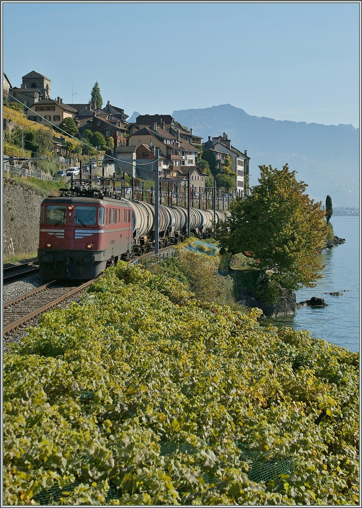 Die Ae 6/6 11424 mit einem Ölzug bei St-Saphorin.
18. Okt. 2011