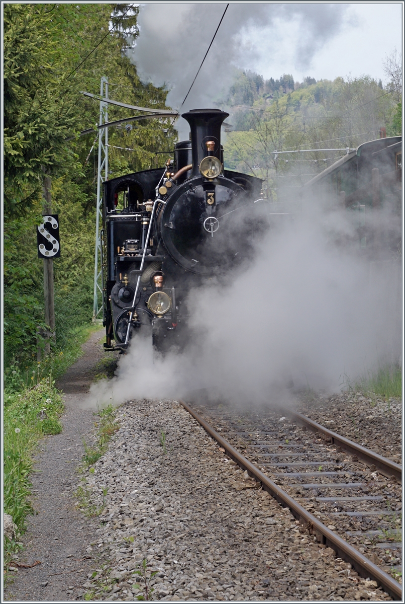 Die BFD HG 3/4 n° 3 auf der kurzen Fahrt vom  BW Chaulin  zum Museumsbahnhof.

6. Mai 2023