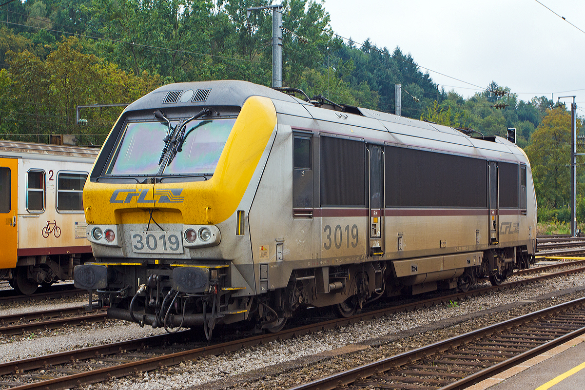
Die CFL 3019 (L-CFL 91 82 000 3019-8) ist am 14.09.2014 im Bahnhof Ettelbrück (Ettelbréck) abgestellt.

Die Lok wurde 1999 von Alstom unter der Fabriknummer 1339 gebaut, ausgeliefert an die CFL - Société Nationale des Chemins de fer Luxembourgeois wurde sie erst im Jahr 2001. 

Die Loks der CFL Série / Baureihe 3000 sind 100prozentig baugleich mit der Reihe HLE 13 der Belgischen Staatsbahn (NMBS/SNCB) und die Loks können deshalb auch untereinander problemlos in Doppeltraktion fahren. Von diesen Loks hat die CFL (Société Nationale des Chemins de fer Luxembourgeois) 20 Stück und die SNCB/NMBS 60 Stück erworben.

Die Loks der Série 3000 werden sowohl im Personen- als auch im Güterverkehr eingesetzt. Dank einer Spezialausrüstung können sie im Güterverkehr bis St Louis (F) fahren. Die Lokomotiven können sowohl unter 3 kV Gleichstrom als auch unter 25 kV Wechselstrom eingesetzt.

TECHNISCHE DATEN (CFL 3000 und NMBS/SNCB HLE 13):
Spurweite: 1.435 mm
Achsanordnung: Bo‘Bo‘
Länge über Puffer: 19.110 mm
Drehzapfenabstand: 10.400 mm
Achsabstand im Drehgestell: 3.000 mm
Gesamtbreite:  3.026 mm
Höhe: 4.220 mm
Gewicht / Tara: 89,5 t
Achslast: 22,5 t
Leistung: 5.200 kW (7.000 PS)
Anfahrzugkraft: 288 kN
Nennspannung: 3 kV DC / 1,5 kV DC mit halber Leistung / 25 kV 50 Hz AC
Höchstgeschwindigkeit: 200 km/h
