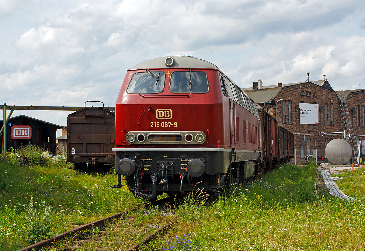 
Die DB 216 067-9, ex DB V 160 067 am 18.07.2012 im DB Museum Koblenz. 

Die V160 wurde 1966 von Krupp unter der Fabriknummer 4830 gebaut und als V 160 067 an die DB geliefert, an 01.01.1968 wurde sie in DB 216 067-9 umgezeichnet. Die z-Stellung erfolgte 2004.

Die Baureihe V 160 (ab 1968 Baureihe 216) ist die erste Variante der V 160-Familie, die im Nachkriegs-Neubauprogramm der Deutschen Bundesbahn als einmotorige Großdiesellokomotive für den mittelschweren Streckendienst projektiert wurde.

Angetrieben wird diese Lok von einem 16-Zylindern-Dieselmotor MB 16 V 652 TB 10 mit und einer Leistung von 1900 PS bei 1500/min. Die Leistung gelangt über ein hydraulisches Getriebe (Voith-Getriebe L 821 rs) mit zwei Wandlern und einer Kupplung und Gelenkwellen zu den Radsatzgetrieben in den beiden zweiachsigen Drehgestellen. Bei dieser Serienausführung ist der Motor in einer geschlossenen Motorkammer elastisch gelagert, das führt zu geringeren Geräuschemissionen. Zusätzlich zum Fahrdieselmotor ist ein kleiner Hilfsdieselmotor vorhanden, welcher beim Aufrüsten – insbesondere zum Betrieb des Dampfheizkessels – und als Kompressor zur Luftversorgung genutzt werden kann. Daneben existiert aber auch ein elektrischer Luftpresser. Für den Reisezugdienst wurde eine Dampfheizeinrichtung Vapor-Heating OK4616 der Fa. Hagenuk eingebaut, die zusätzlich die Maschinenanlage vorwärmen und warmhalten kann.

Beim selbsttragenden Fahrzeugkasten trägt ein aus Blechen geschweißter Grundrahmen die Karosserie aus Hohlprofilen mit Blechbespannung. Der Maschinenraum befindet sich zwischen den beiden stirnseitigen Führerständen. Er verfügte über einen Seitengang, während die späteren Baureihen der V 160-Familie über zwei Seitengänge verfügten. Die geschweißten Drehgestelle bestehen aus Kastenprofilen, sie sind über Drehzapfen mit dem Rahmen verbunden. Die Radsätze haben Rollenlager und sind mit Blattfedern oder Metallgummifedern im Drehgestell abgefedert.

TECHNISCHE DATEN:
Achsformel:  B'B'
Spurweite:  1435 mm (Normalspur)
Länge über Puffer:  16.000 mm
Drehzapfenabstand: 8.600 mm
Drehgestellachsstand:  2.800 mm
Gesamtradstand:  11.400 mm
Dienstgewicht:  76,7 t
Radsatzfahrmasse:  19,2 t
Höchstgeschwindigkeit:  120 km/h (im Rangiergang 80 km/h)
Motor: 16-Zylindern-Dieselmotor MTU MB 16 V 652 TB 10
Installierte Leistung:  1.900 PS (1.400 kW)
Nenndrehzahl:  1500/min
Anfahrzugkraft:  240 / 170 kN
Treibraddurchmesser:  1.000 mm
Leistungsübertragung:  hydraulisch
Getriebe: Voith-Getriebe L 821 rs
Tankinhalt:  2.700 l
Bremse:  Druckluftbremse KE-GPP²mZ
Zugheizung:  Dampf
Gebaute Anzahl: 224