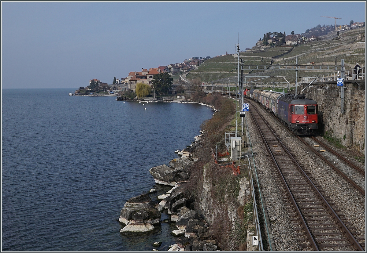 Die SBB Re 6/6 11607 (Re 620 007-5)  Wattwil  ist mit einem Güterzg in Richtung Villeneuve zwischen Rivaz und St-Saphorin unterwegs. 

9. März 2021