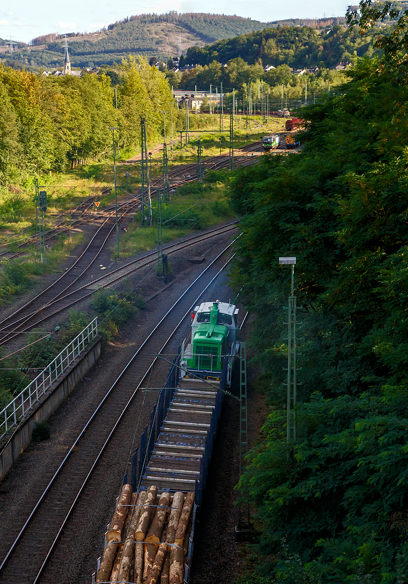 
Die SETG V60.01 (98 80 3361 234-8 D-SRA), ex DB V 60 1234, kommt am 27.08.2020 mit einem Holzzug in Betzdorf (Sieg) an. Diesen wird Sie dann in den Rbf drücken, wo die Züge dann von einer E-Lok, wie im Hintergrund zu sehen von einer Vectron, übernommen werden.