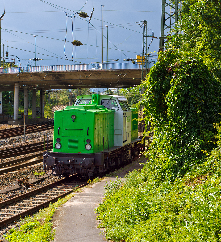 
Die V100.02  (98 80 3202 287-9 D-ECCO) der  SETG - Salzburger Eisenbahn Transportlogistik GmbH aus Salzburg, ex DR 110 287-0, ex DR 112 287-8, ex DR und DB 202 287-9 ist am 18.08.2014 beim Bahnhof Hanau abgestellt.

Die V 100.1 wurde 1970 bei LEW (VEB Lokomotivbau Elektrotechnische Werke „Hans Beimler“, Hennigsdorf) unter der Fabriknummer 12751 gebaut und als 110 287-0 an die DR (Deutsche Reichsbahn) ausgeliefert. Die Entwicklung der DR-Baureihe V 100 einer vierachsigen Diesellokomotive mit Mittelf�hrerstand und hydraulischer Kraft�bertragung erfolgte Anfang der sechziger Jahre bei VEB Lokomotivbau Karl Marx Babelsberg (LKM), die auch die ersten Prototypen bauten. Die Serienfertigung lief jedoch bei LEW.

Anhand der vielen Nummer sieht man schon dass die Lok einen bewegten Lebenslauf hat. 1970 erfolgte die Umzeichnung in DR 110 066-8, 1981 erfolgte eine Remotorisierung unter Verwendung eines 12-Zylinder-Viertakt-Dieselmotor vom Typ 12 KVD 18/21 AL-4 mit 1200 PS (883 kW) Leistung im Bw J�terbog, und die Umzeichnung in DR 112 287-8. Im Jahr 1992 erfolgte die Umzeichnung in DR 202 287-9 und 1994 dann in DB  202 287-9, die Ausmusterung bei der DB erfolgte 1999. �ber  SFZ - Schienenfahrzeugzentrum Stendal (sp�ter ALS) ging sie dann 2000 an PBSV-Verkehrs-GmbH in Magdeburg  als Lok 11, in Jahr 2009 dann KCL - KUBE CON logistics GmbH als 11 sp�ter als 02. Im Jahr 2013 �bernahm die �sterreichische Firma Salzburger Eisenbahn Transportlogistik GmbH (SETG) aus Salzburg vier Loks der BR 202 von KUBE CON logistics, die Lok 01, 02, 03 und 04.

TECHNISCHE DATEN:
Spurweite: 1.435 mm (Normalspur)
Achsanordnung: B'B'
Leistungs�bertragung: dieselhydraulisch
H�chstgeschwindigkeit: 80 km/h
L�nge �ber Puffer: 13.940 mm
Radsatzabstand im Drehgestell: 2.300mm
Drehzapfenabstand: 7.000mm
Gesamtachsstand:  9.300 mm
Breite: 3.100 mm
H�he �ber SO: 4.255mm
Dienstgewicht: 64 t
Radsatzfahrmasse: 16 t
Kleinster befahrbarer Gleisbogenradius: 100m
Tankinhalt: 2.600 l