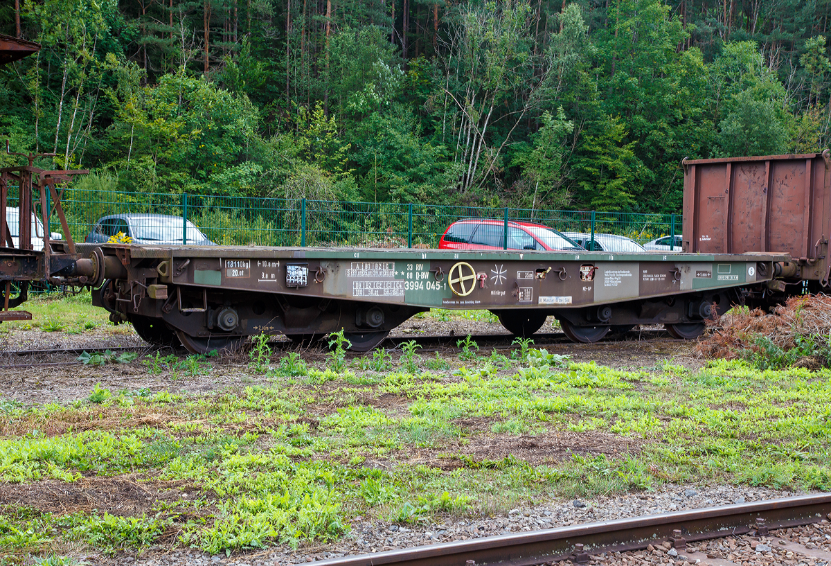 Drehgestell-Schwerlastwagen 33 80 3994 045-1 D-BW (Gattung Rlmmnps 650) der Bundeswehr (Versorgungs-Nr. 2220-00 135-8813) am 09.09.2017 in der SVG Eisenbahn-Erlebniswelt Horb. 

TECHNISCHE DATEN: 
L�nge �ber Puffer:  10.800 mm
Drehzapfenabstand:  5.800 mm
Achsabstand im Drehgestell:  2.000 mm
Ladel�nge:  9.800 mm
Ladebreite:  3.150 mm
Ladefl�che:  29,0 m�
Fu�bodenh�he �ber SO:  1.282 mm
H�chstgeschwindigkeit:  100 km/h
Maximale Ladegewicht:  61,0 t (ab Streckenklasse C4)
Eigengewicht:  18.110 kg
Drehgestell-Bauart:  931 (Minden-Dorstfeld)
Bauart der Bremse:  KE-GP
Kleinster bef. Gleisbogenradius:  35 m
Intern. Verwendungsf�higkeit:  RIV
Erstes Lieferjahr:  1955