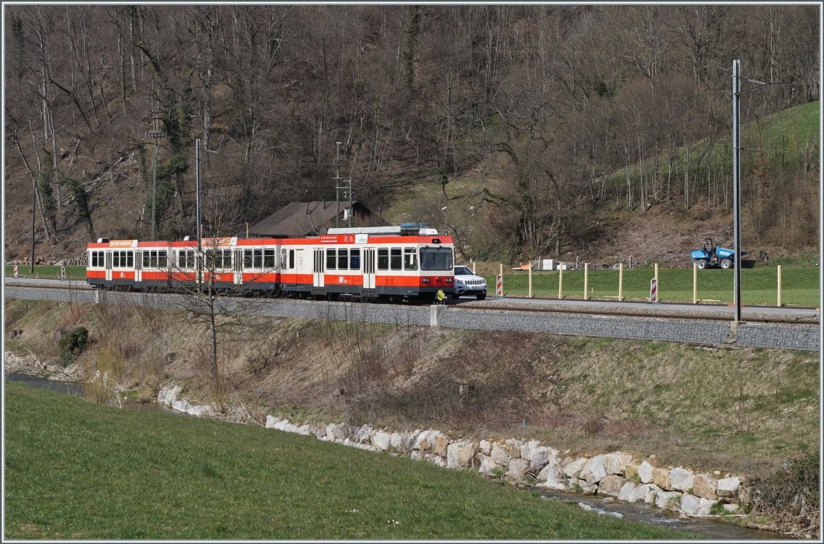 Ein Waldenburgerbahn Zug bestehend aus einem BDe 4/4 und zwei Bt bei Lampenberg-Ramlinsburg. Zur Zeit wird die 75 cm Spur Strecke auf Meterspur umgebaut. 

25. März 2021