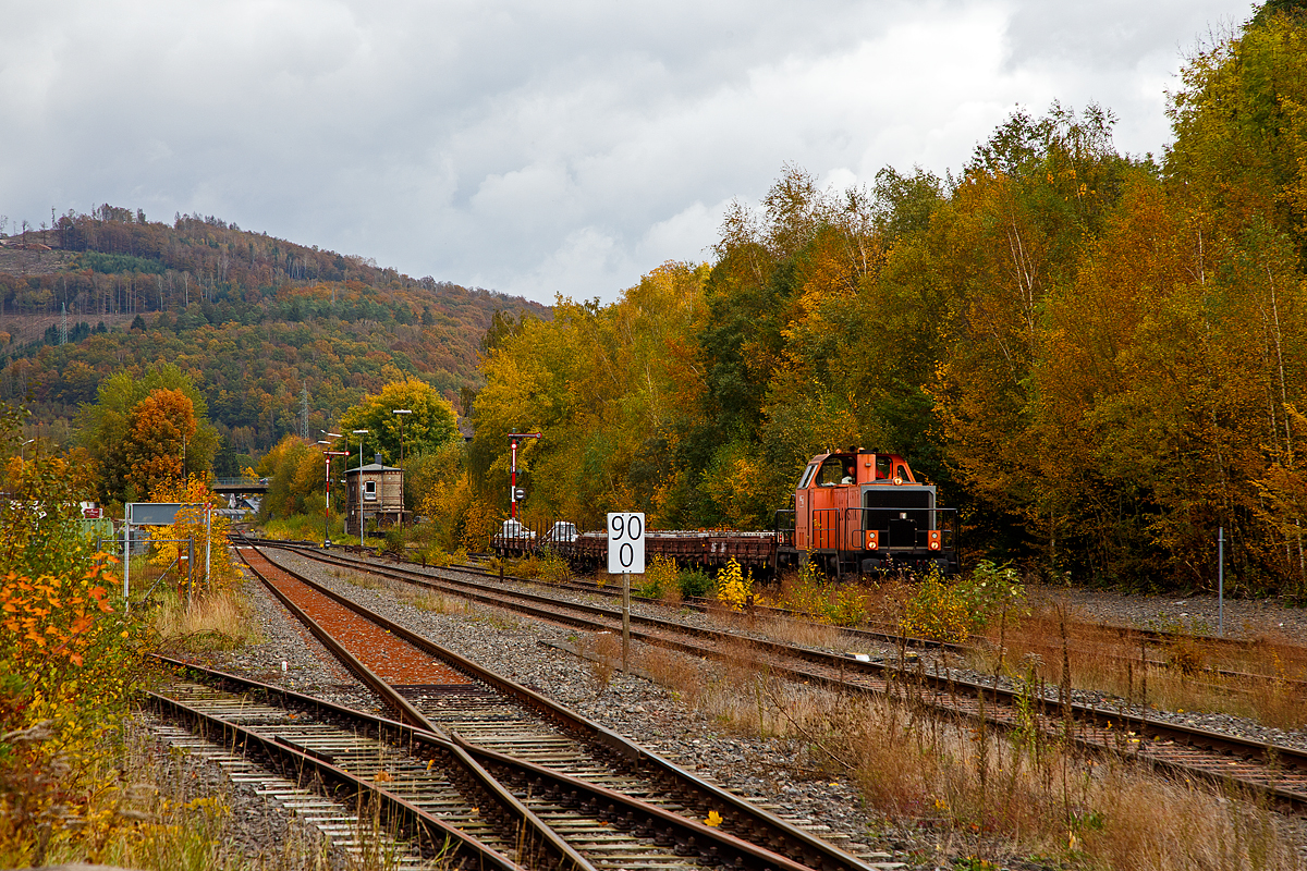 Herbstzeit in Herdorf....
Die BBL 15 alias 214 026-7 (92 80 1214 026-7 D-BBL) der BBL Logistik GmbH, ex 212 288-5, ex DB V 100 2288, hat am 23.10.2021 einen Zug mit Gleisbaumaterial in den Bahnhof Herdorf gebracht. Nun wartet sie noch aufs Abladen.

Hinten das Weichenwärter-Stellwerk Herdorf Ost (Ho).
