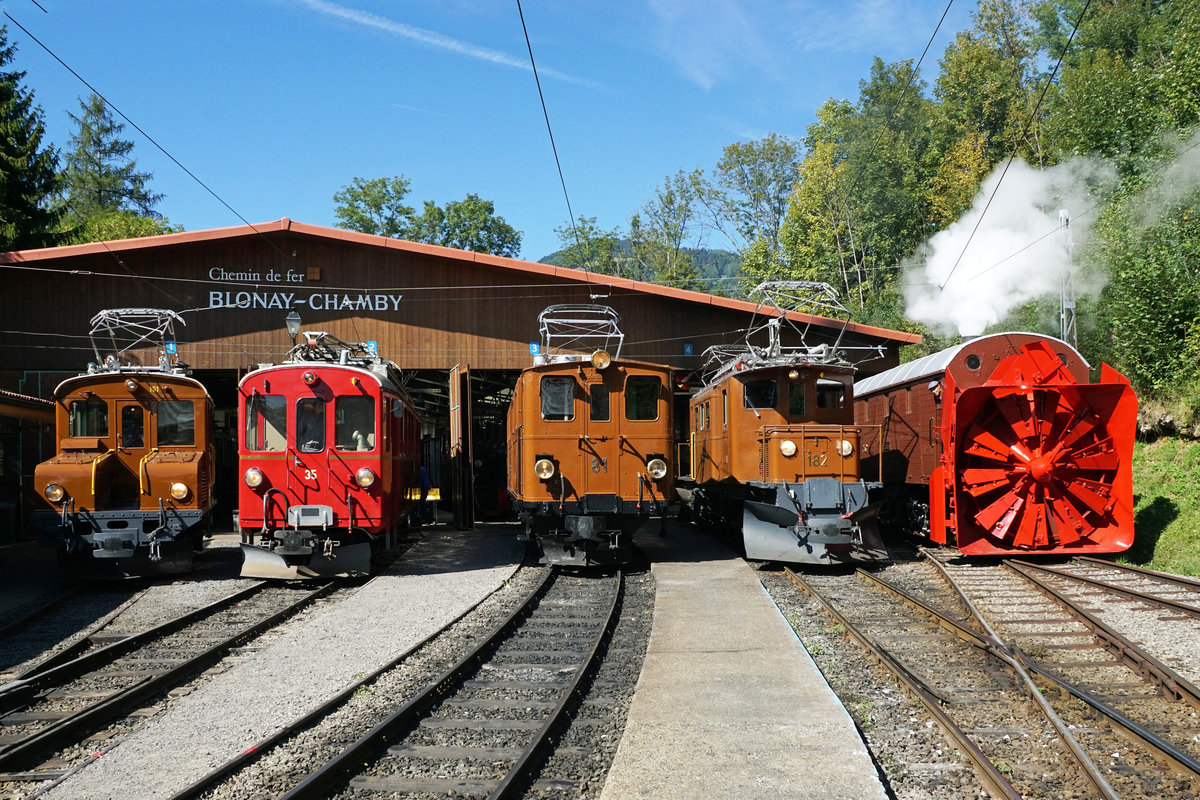 JAHRESRÜCKBLICK 2018
von Walter Ruetsch
Serie Nr. 3
50 JAHRE BLONAY-CHAMBY
Chemin de fer-musée
Vom Anfang bis zum Ende der Saison 2018 feierte die Blonay-Chamby-Bahn sein 50 jähriges Bestehen mit einem sehr interessanten und abwechslungsreichen Programm.
Einmalige Fahrzeugparade vor dem Depot-Museum in Chaulin vom 8. September 2018.
Den zahlreichen Festbesuchern wurden folgende RhB-Fahrzeuge präsentiert:
Ge 2/2 161, ABe 4/4 35, Ge 4/4 81, Ge 4/4 182 sowie die Dampfschneeschleuder der Bernina Bahn.
