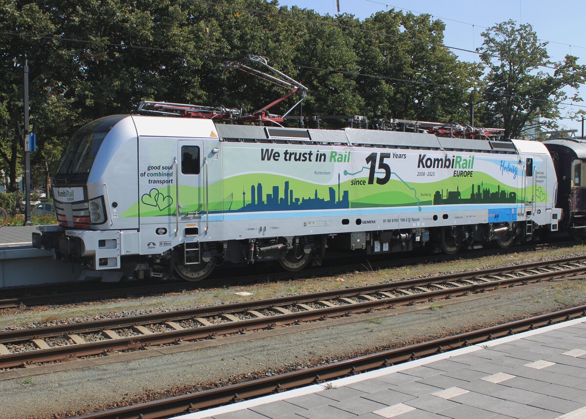 Kombi Rail Europe aus Rotterdam besteht in 2023 15 Jahre und dass m�ss gefeiert werden. Hier steht 193 106 -mit Jubil�umsaufkleber- in Venlo am 9 September 2023.