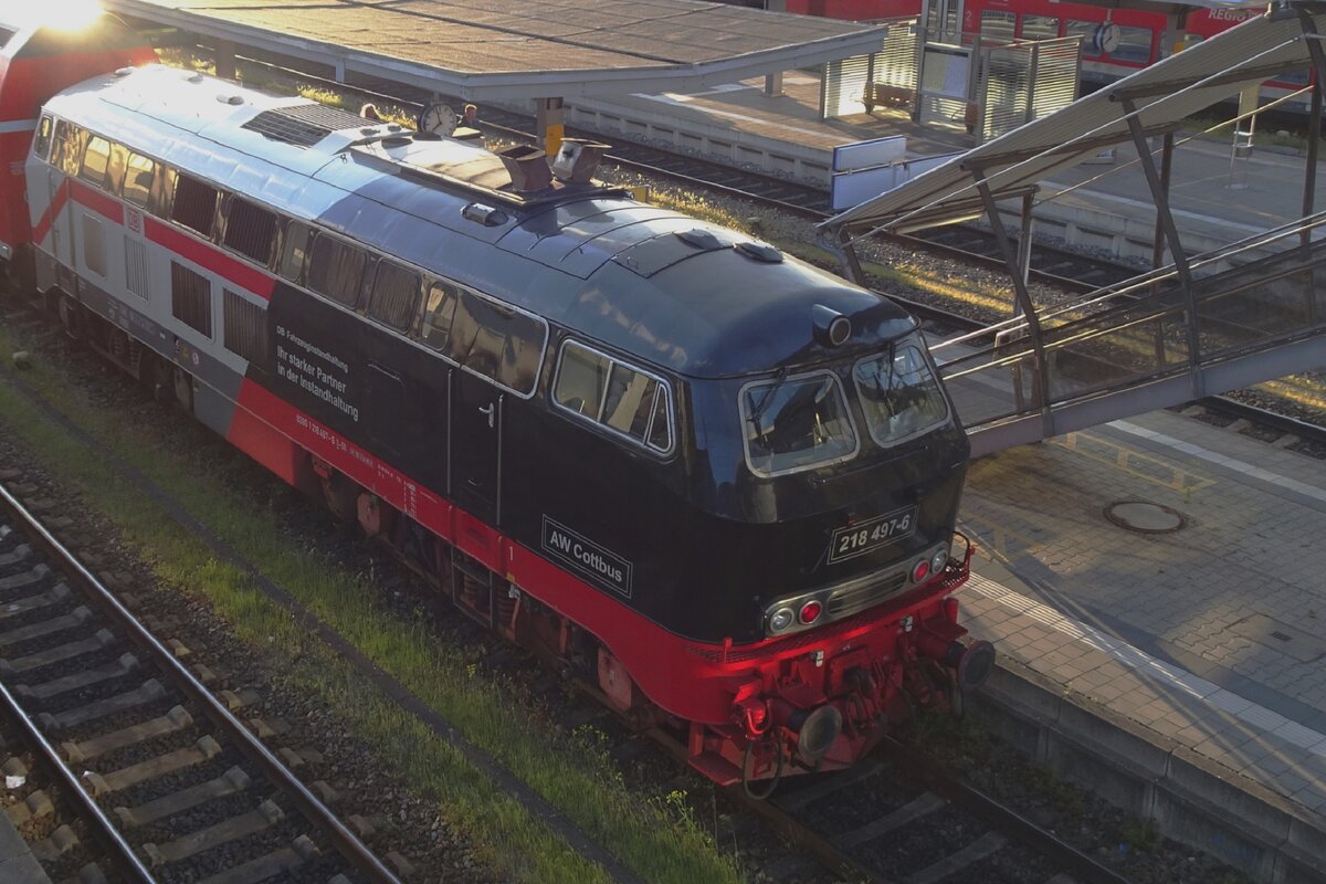 Leider mit etwas gegenlicht steht 218 497 'Bw Cottbus' am 18 Mai 2023 in Mühldorf.