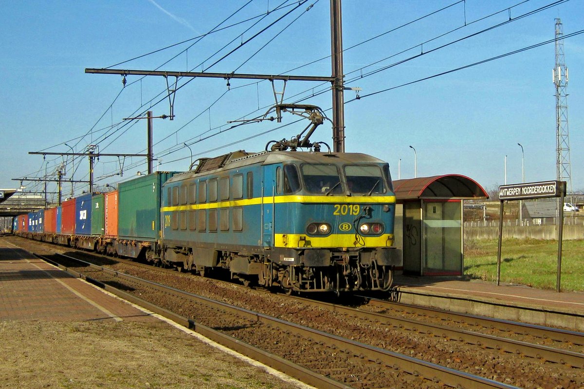 NMBS 2019 schleppt ein Containerzug durch Antwerpen-Noorderdokken am 23 März 2011.