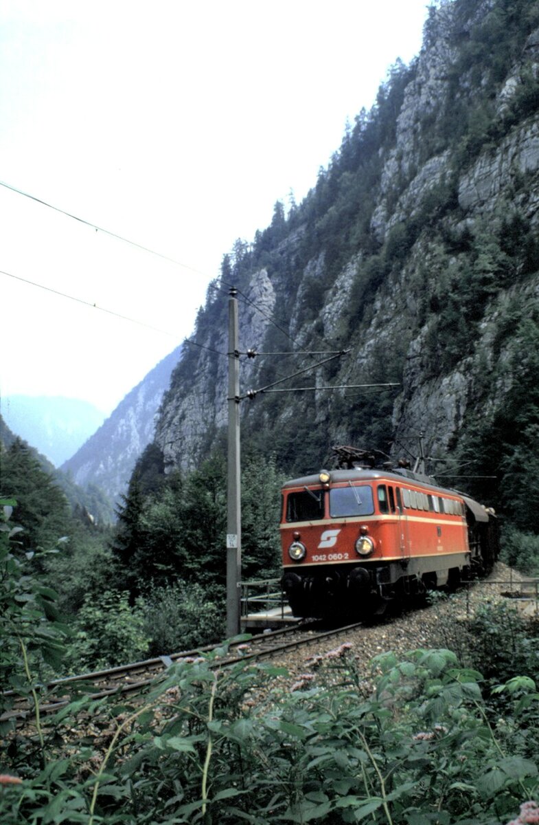 ÖBB 1042.060-2 mit Güterzug in Gesäuse Eingang am 14.08.1986.
