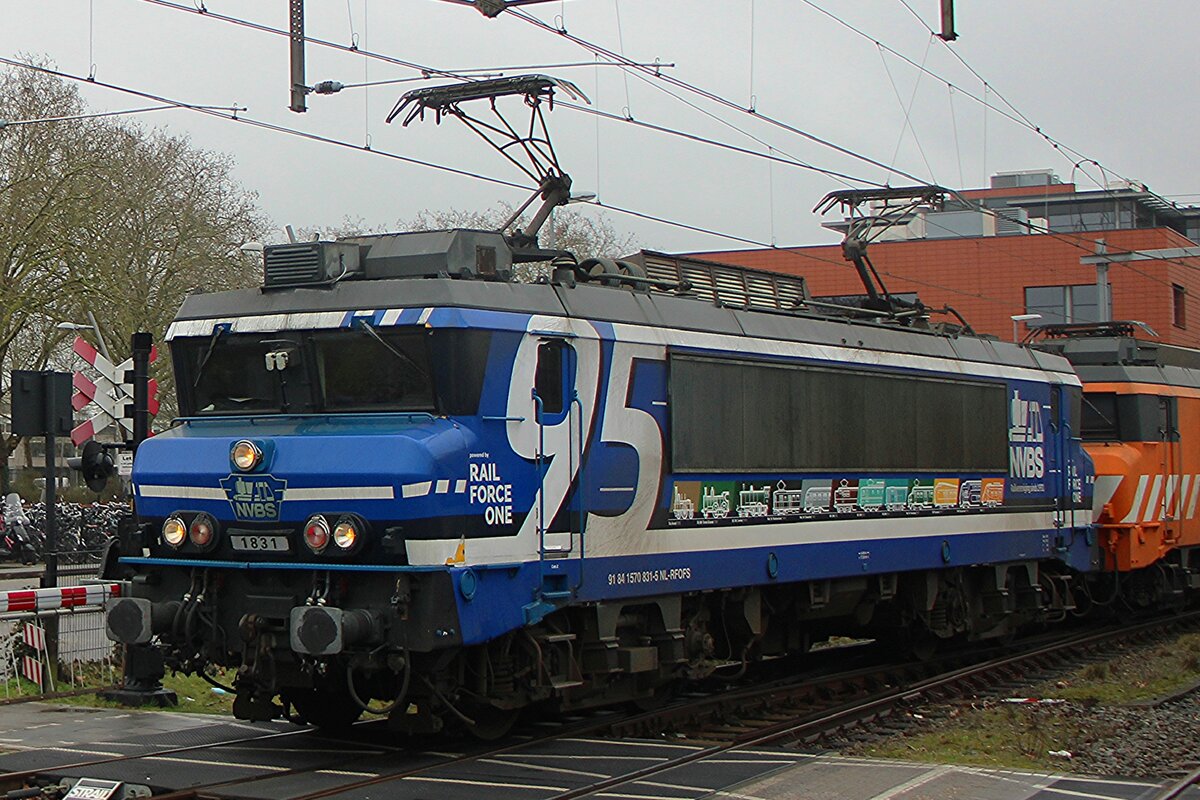 RFO 1831 steht am 11 Februar 2026 in Oss und gratuliert der Fangemeinde der NVBS (Nederlandse Vereniging voor Belangstellenden in Spoor- en tramwezen). Dieser lok wurde 1984 als NS 1631 in Dienst gestellt und wurde 2001 umnummeriert in 1831. Loks der Reihen 1600 und 1800 sind ganz identisch und nür weil die Gutersprate von NS, NS Cargo, ab 2003 Railion, eine eigene Nummerung brauchte, wurden die 1626-1658 in 1826-1858 umgezogen, ohne weitere änderungen. 
 Die 1831 bekam in De4zember 2025 dieser Lackierung für das 75.Jahresjubiläum der NVBS und sol mindestens ein Jahr in diese Farben rundfahren. Die 1600er/1800er können meistens auf die Strecke Amersfoort--Bad Bentheim gesichtet werden, mit einige Abstecker nach Oss oder Amsterdam Westhavens.