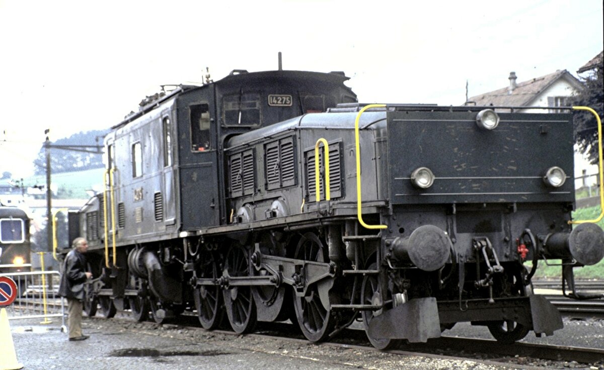 SBB Ce 6/8 Nr.14 275 Rangierkrokodil bei einer Ausstellung in Tavannes am 15.08.1980bei heftigstem Regenwetter. Die Rangierkrokodile konnte man leicht erkennen an der Rangierbühne und nur einem Stromabnehmer. Weiterhin an dem riesigen Gebläse an der Seite zum Kühlen der Treibstangen und Lager, da diese bei den niedrigen Geschwindigkeiten bei hoher Beanspruchung heiß laufen konnten. 
Inbetriebsetzung 1921/1922; Länge über Puffer 19,46 m, Gewicht 128 t; Stundenleistung 2240 PS, Höchstgeschwindigkeit 65 km/h.