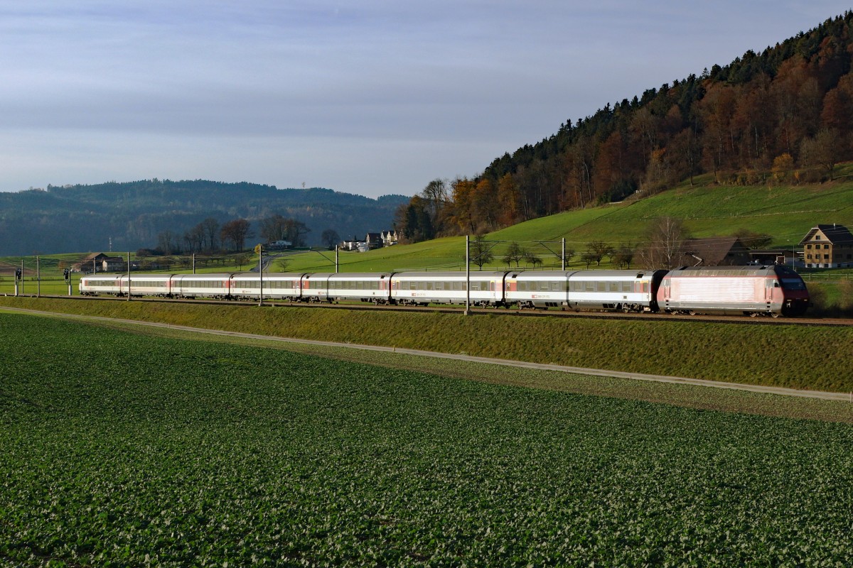 SBB: Die Re 460 mit ihrem IC im letzten herbstlichen Abendlicht bei Egolzwil am 10. November 2015.
Foto: Walter Ruetsch  