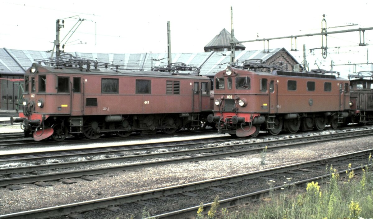 SJ Da Nr.802 und Du2 Nr.447 in Hallsberg am 11.08.1985.