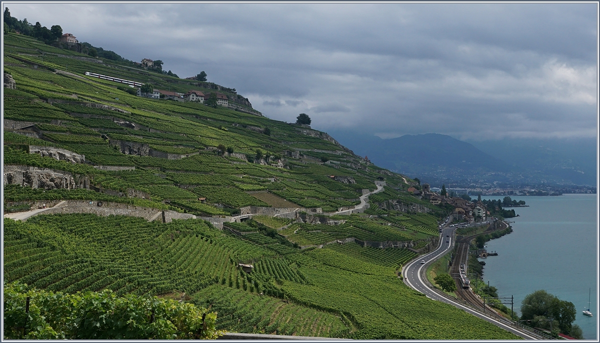 Viel Landschaft und wenig Bahn, dafür gleich zwei (kleine) Züge: im oberen Bildteil ist ein Domino-Zug zu sehen, der Richtung Vevey fährt, während im rechten Bildteil ein Flirt Richtung Lausanne unterwegs ist.
23. Juli 2017