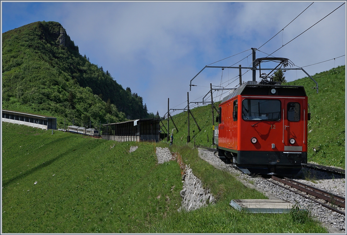W�hrend der Hem 2/2 12 in Jaman pausiert, fahren im Hintergrund die beidnen Beh 4/8 301 und 304 Richtung Rochers de Naye.
3. Juli 2016