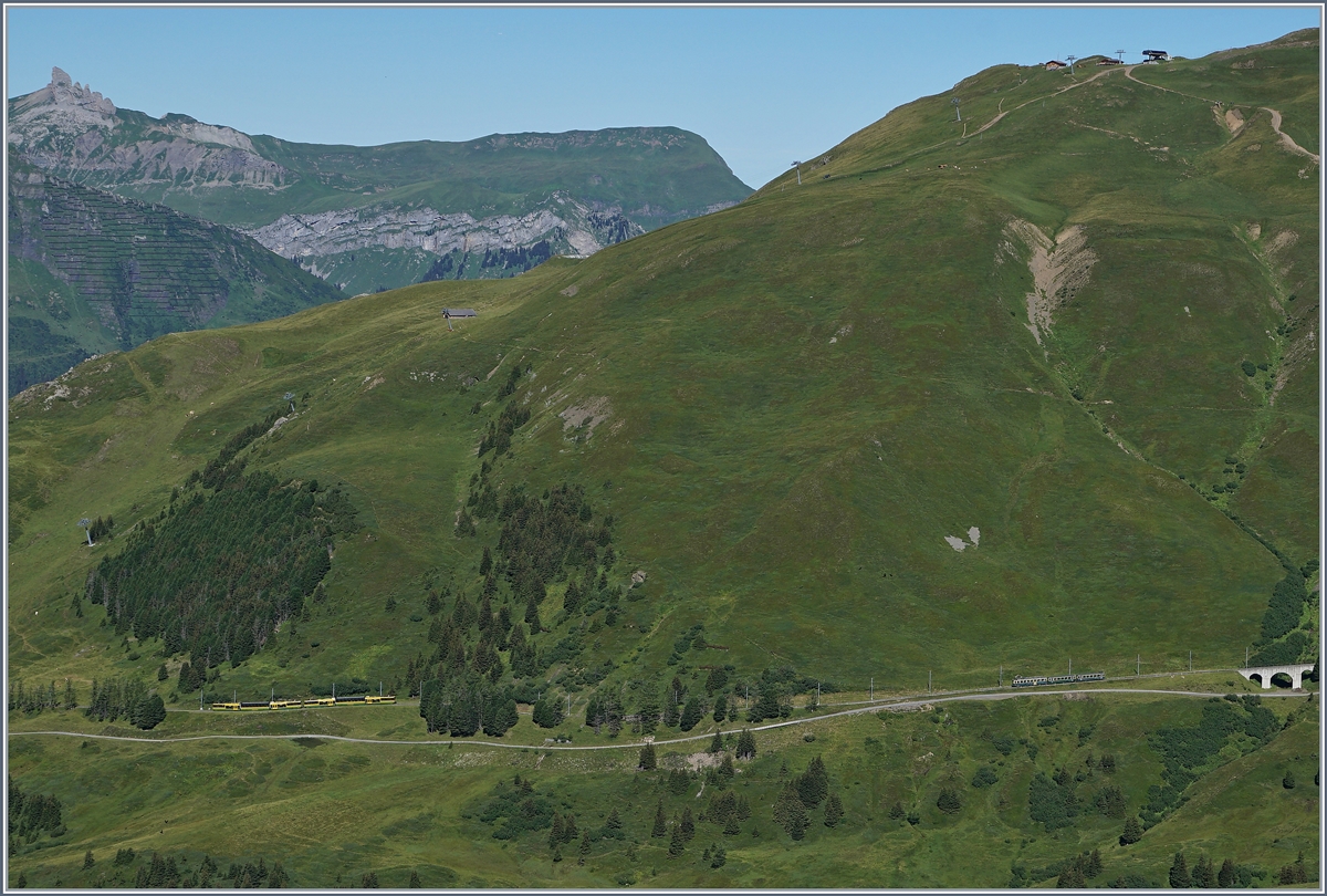Ziemlich leicht zu finden sind auf diesem Bild der Strecke zwischen der Kleinen Scheidegg und der Wengeralp ein älterer und ein moderner WAB Zug. 

8. August 2016
