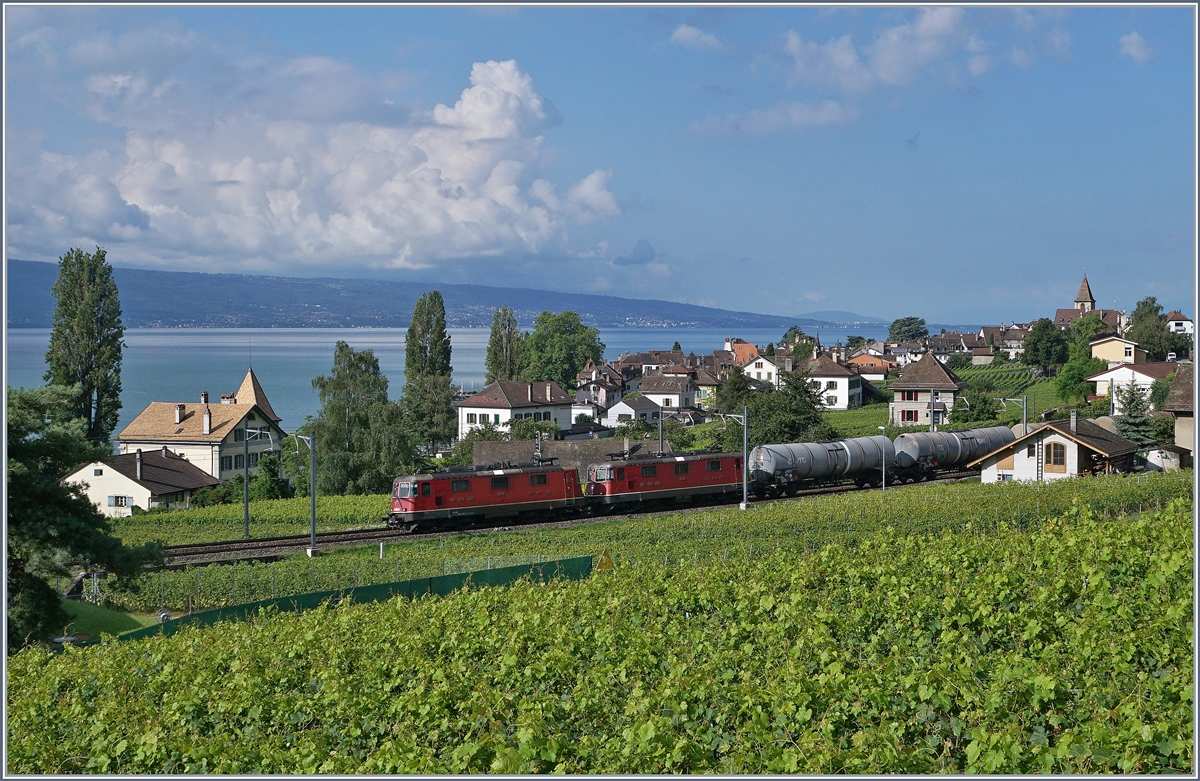 Zwei Re 4/4 II mit einem Kesselwagenzug bei Cully.
10. August 2016