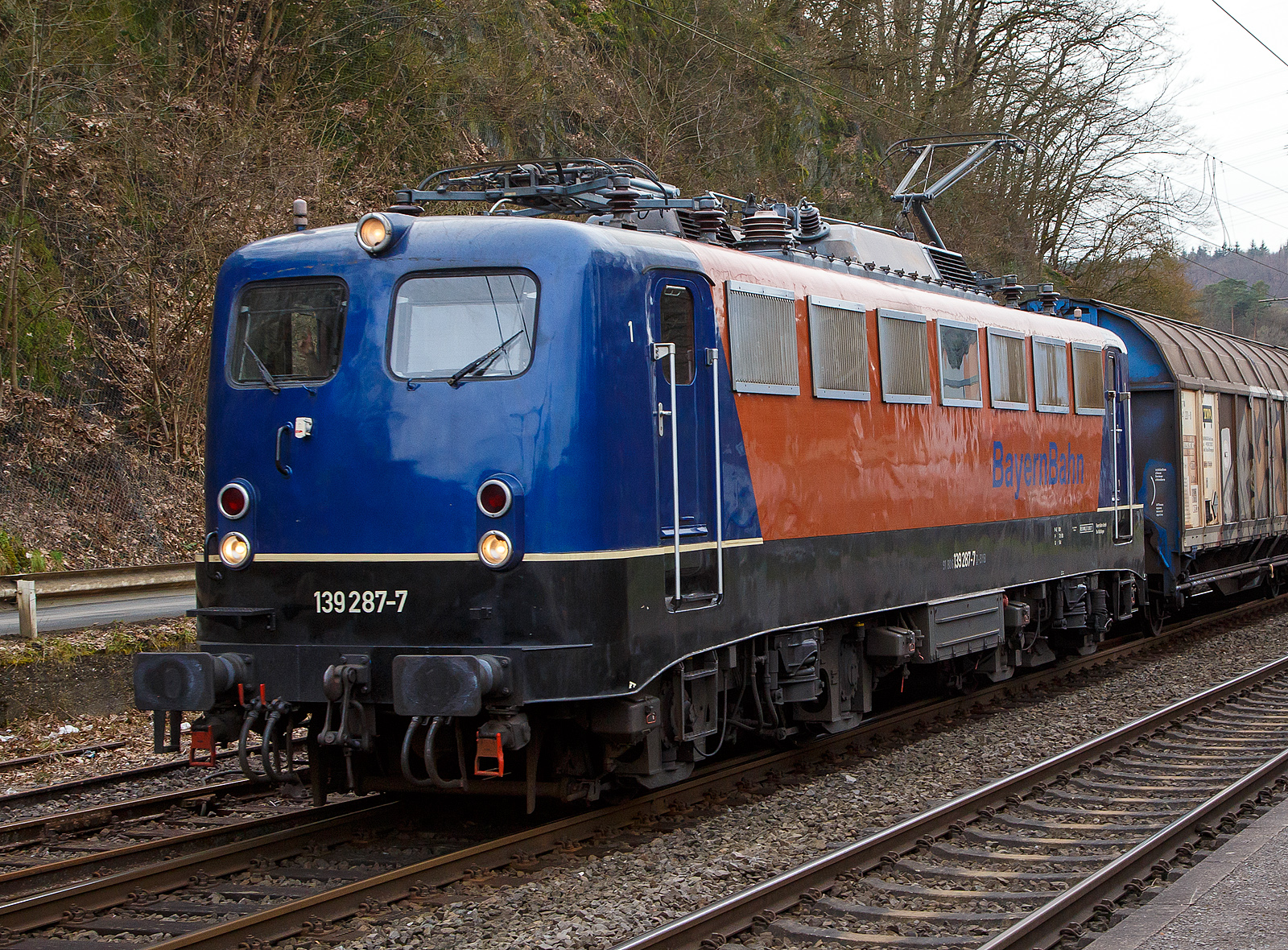 Die 139 287-7 (91 80 6139 287-7 D-BYB) der BayernBahn GmbH fährt am 17.03.2023 mit dem sogenannten  Henkelzug  (Langenfeld/Rhld. nach Gunzenhausen), durch Scheuerfeld (Sieg) in Richtung Siegen. Der Zug bestand aus gedeckten Schiebewand-Wageneinheiten der Gattung Hiirrs.

Nochmal einen lieben Gruß an den netten Lokführer zurück.

Die Lok wurde 1963 von Krauss-Maffei AG in München-Allach unter der Fabriknummer 18956 gebaut, er elektrische Teil ist von den Siemens-Schuckert-Werke (SSW) in Berlin. Als DB E10 287 wurde in Dienst gesetzt, mit der Einführung des EDV-Nummernsystems wurde sie zum 01.01.1968 zur DB 110 287–0. Die Lok ist mit Einholmstromabnehmern ausgerüstet, sie ist die letzte gebaute Kasten 110er. Zur 139er wurde sie erst 1994 nach einem Umbau, der Lokkasten wurde auf Drehgestelle der Baureihe 140 (E40) gesetzt und es folgte die Umzeichnung in DB 139 287-7. Zum Mai 2009 erfolgte die Z-Stellung bei der DB AG. Zum 1.Oktober 2011 wurde die Lok durch die BayernBahn GmbH erworben und erhielt anschließend eine Untersuchung. Die Neulackierung in kobalt-blau/orange erhielt sie dann 2017.