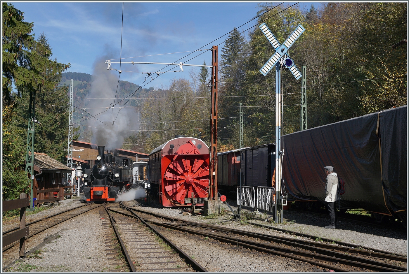 La DER de la Saison / Das Saison Ende der Blonay Chamby Bahn 2024 - Seit einigen Jahren zeigt die Blonay Chamby Bahn zum Saison Ende mit einem verdichteten Fahrplan ihrer herrlichen Fahrzeuge im Einsatz. 
Die SEG G 2x 2/2 der Blonay-Chamby Bahn dampft in Chaulin in die Lokbehandlung. 

27. Okt. 2024