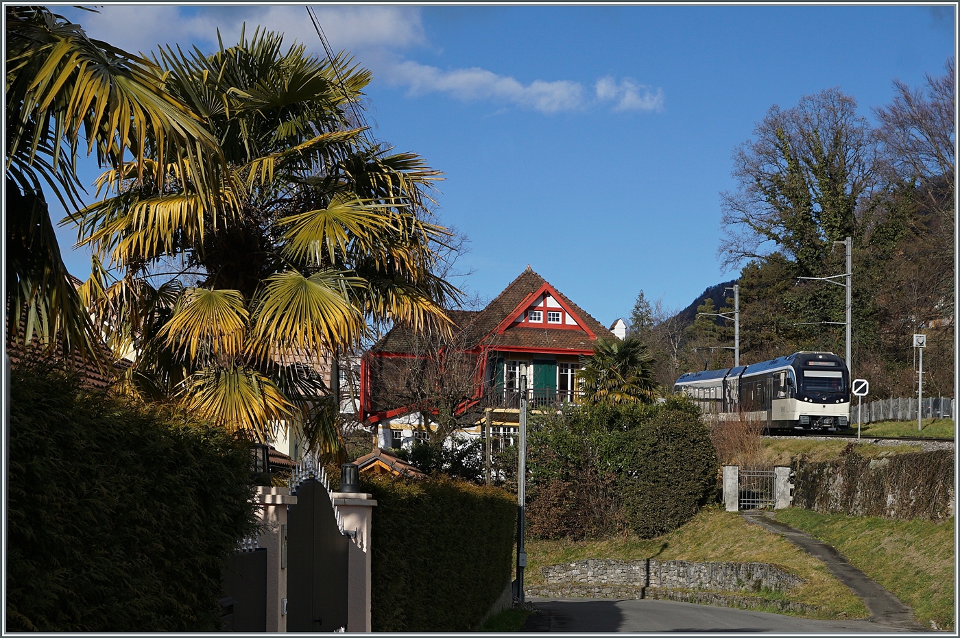 Nachdem der CEV MVR ABeh 2/6 7504  VEVEY  vor einer knappen Stunde im verschneiten Les Avants gezeigt hatte, ist der Triebwagen nun als R 34 2317 unter Palmen in Planchamps auf der Fahrt nach Montreux zu sehen. 

3. Jan. 2025