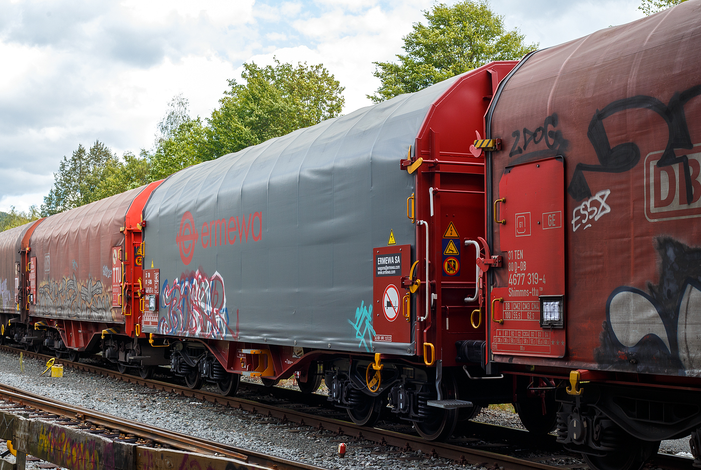 Vierachsiger Drehgestell-Flachwagen mit verschiebbarem Planenverdeck und Lademulden für Coil-/Spaltbandtransporte, 33 87 4669 611-5 F-ERSA der Gattung Shimmns, der französischen Vermietungsfirma ERMEWA S.A., abgestellt am 12 September 2024 im Zugverband, auf dem KSW Rbf in Herdorf (Betriebsstätte Freien Grunder Eisenbahn - NE 447). Leider bieten solche Wagen immer sehr viel Fläche für diverse Schmierfinken und sind leider so fast alle umfangreich beschmiert. 

Der Wagen wurde 2023 vom französischen Hersteller INVEHO UFO in Orval unter der Fabriknummer 121-135 gebaut, die Drehgestelle vom Typ Y25 Lsi-C sind von der französischen Firma TECHNI INDUSTRIE in Bonchamp-les-Laval.

Die Ausstattung mit fünf Lademulden sowie das Planverdeck optimieren die Beförderung nässeempfindlicher Coils (Blechrollen/aufgewickeltes kalt gewalztes Blech). Diese Planen können jeweils soweit zusammen geschoben werden, dass zum Be- und Entladen die Ladefläche zu 2/3 freigelegt ist. Der Wagen ist für die Beförderung von schweren witterungsempfindlichen Blechrollen (Coils) mit 5 fest im Untergestell eingebauten Lademulden ausgerüstet.

Die Lademulden können wie folgt belegt werden:
Lademulden 1 und 5 für Ø1.000 mm bis 2.250 mm mit je max. 34 t
Lademulden 2 und 4 für Ø 800 mm bis 1.700 mm mit je max. 17 t

Lademulden 3 für Ø 1.000 mm bis 2.700 mm mit max. 45 t

TECHNISCHE DATEN:
Spurweite: 1.435 mm
Achsanzahl: 4 (in 2 Drehgestelle)
Länge über Puffer: 12.040 mm
Länge der Ladefläche: 10.800 mm
Drehzapfenabstand: 7.000 mm
Achsabstand im Drehgestell: 1.800 mm
Laufraddurchmesser: 920 mm (neu)
Eigengewicht: 21.600 kg
Höchstgeschwindigkeit: 100 km/h (beladen) / 120 km/h (leer)
Maximales Ladegewicht: 68,4 t (ab Streckenklasse D4)
Kleinster bef. Gleisbogenradius: 35 m
Drehgestelltyp: Y 25 Lsi-C bzw. Y 25 Lsif-C (f = mit eingebauter Handbremse)
Bauart der Bremse: KE-GP-A (K)
Bremssohle: Cosid 810
Handbremse: an einem Drehgestell
Intern. Verwendungsfähigkeit: TEN-GE