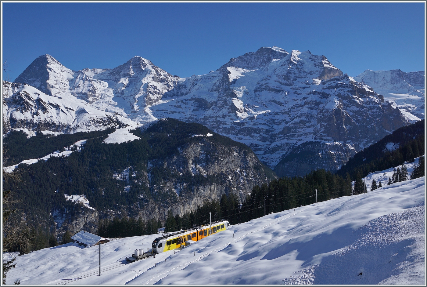 Vor der imposanten Kulisse von Eiger, Mönch und Jungfrau ist der BLM Be 4/6 103  Jungfrau  als R66 zwischen Winteregg und Grüschalp auf der Fahrt von Mürren nach der Grütschalp. 

18. Feb. 2025