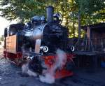 Die Gastlok 99 6101 der HSB an ihrem letzten Einsatztag bei der Selfkantbahn auf dem Bekohlungsgleis mit einem letzten Dampfw�lkchen.