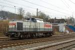  Die 203 841-2 der STRABAG Rail GmbH, ex DB 202 841-3, ex DR 112 841-2, ex DR 110 841-4, rauscht am 07.03.2015 solo durch Kreuztal in Richtung Hagen.