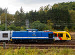 Die V 100-SP-008 / 203 128-4 (92 80 1203 128-4 D-SLG) der SLG Spitzke Logistik GmbH, ex DR 110 529-5, ex DR 112 529-3, ex DR 202 529-4, ex DB 202 529-4, rangiert am 30 September 2025 im Rbf