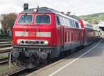218 443-0 mit Doppelstockwagen in Ulm am 20.09.2014.