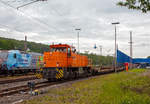 S�dwestfalen Container-Terminal GmbH (SWCT), Kreuztal Ubf, den 31.05.2019:  Der halbe KLV-Zug ist bereits leer, nun muss die KSW 45 (98 80 0276 016-9 D-KSW), eine MaK G 1204 BB der der Kreisbahn