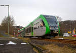  Ein Stadler GTW 2/6 der Westerwaldbahn (WEBA) (95 80 0946 418-0 D-WEBA / 95 80 0646 418-3 D-WEBA / 95 80 0946 918-9 D-WEBA), ex VT 118 der Hellertalbahn verlässt am 17.02.2018, als RB 97